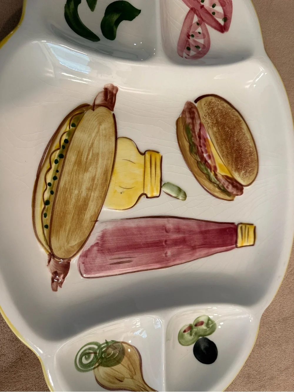 Hand-Painted Ceramic Divided Serving Platter in White with Multicolor Food Motif